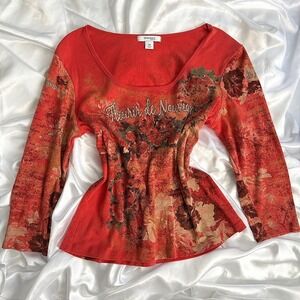 Dressbarn Petite orange Floral Fleurs de Nouveau Graphic Long Sleeve Top PM